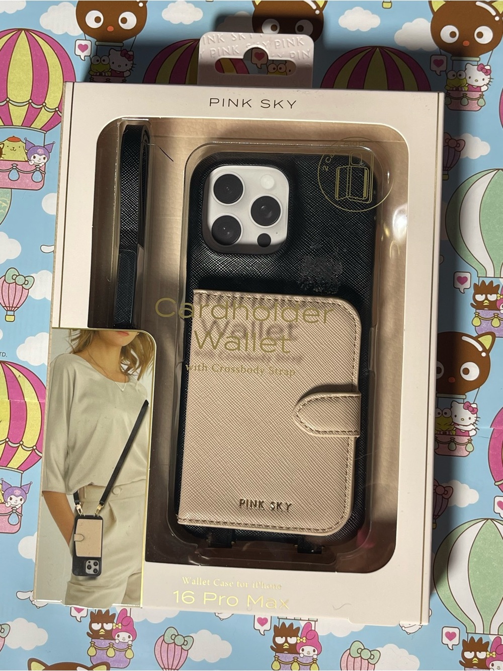 PINK SKY Black Phone Case with Gold Cardholder for iPhone 16 Pro Max